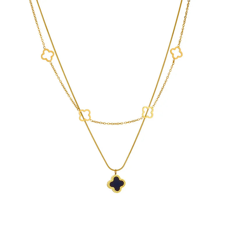 Nabest Non Tarnish Gold Jewelry Filled Clover Shell Pendant Necklace Women Stainless Steel Double Layers Necklace