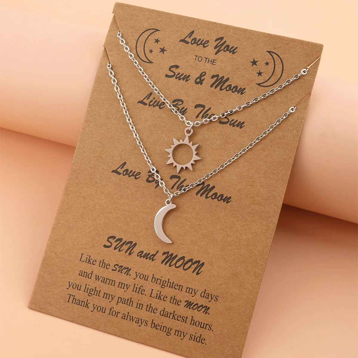 Stainless Steel I Love You to the Moon and Back Wish Card Necklace Sun Moon Pendant Link Chain Couple Necklace