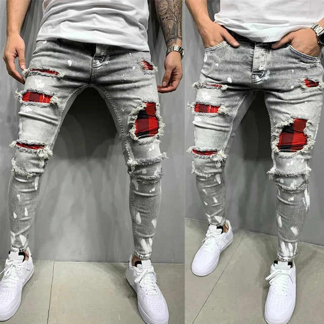 Grunge Aesthetic Streetwear Jeans Men Stone Washed Grey Ripped Denim Trousers Tartan Patchwork Hip Hop Biker Jeans Wholesale