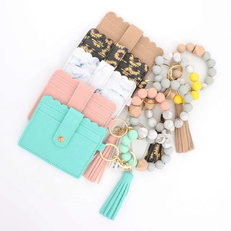 Multi Candy Color Cute Silicone Bead Wallet Card Holder Purse Beaded Wristlet Wallet Leather Bead Keychain for Women and Girls