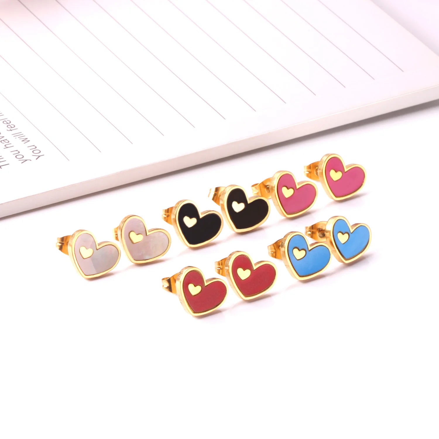Fashion Jewelry Heart Shape Gold Plated Mix Color Stainless Steel Stud Earrings for Girlfriend