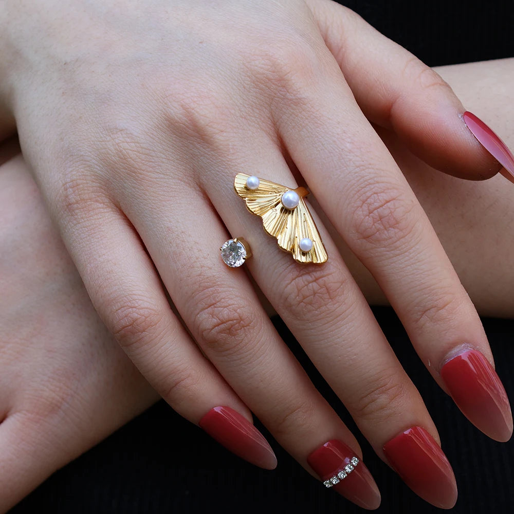 Customized Zircon Inlaid Bezel Setting Open 18K Gold Plated Stainless Steel Ginkgo Leaf Women's French Non Fading Ring
