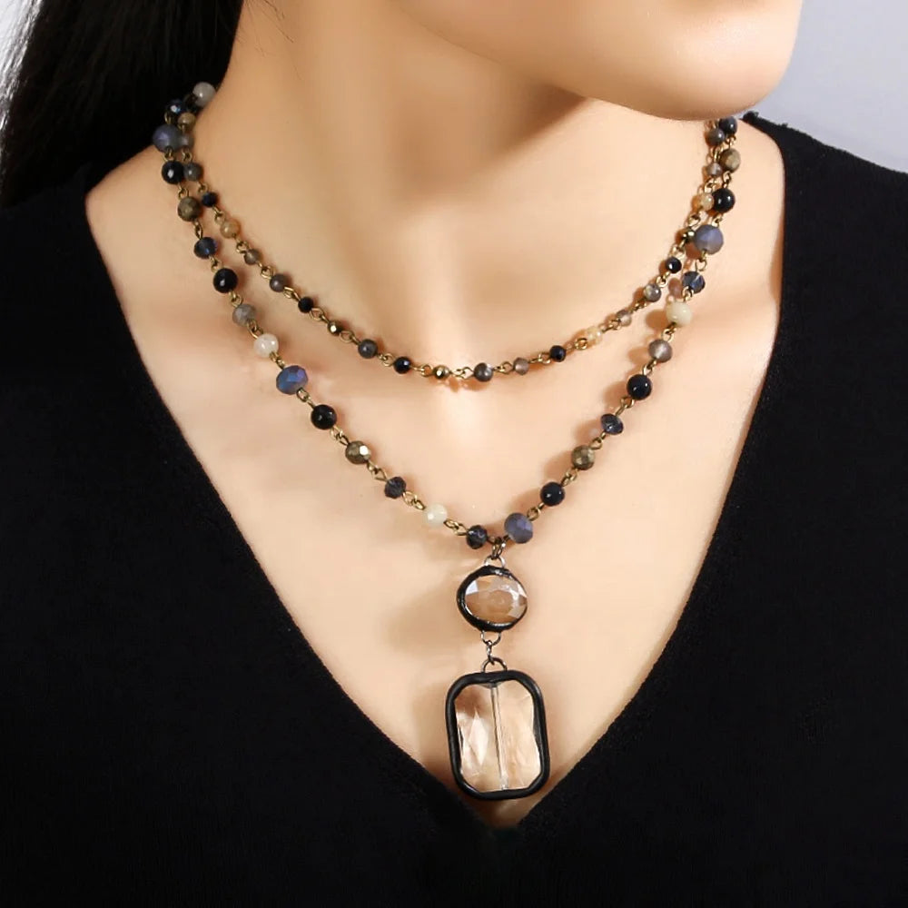 Fashion Women Gift Bohemian Gemstone Jewelry Accessory 4mm 6mm 2 Layer Stone Crystal Rosary Chain Glass Pendant Necklace