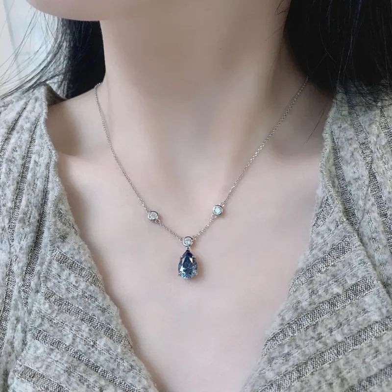 Manufacture Wholesale 4 Carat Royal Blue Pear Cut D Color Moissanite Necklace 925 Sterling Sliver Trendy Moissanite Necklace