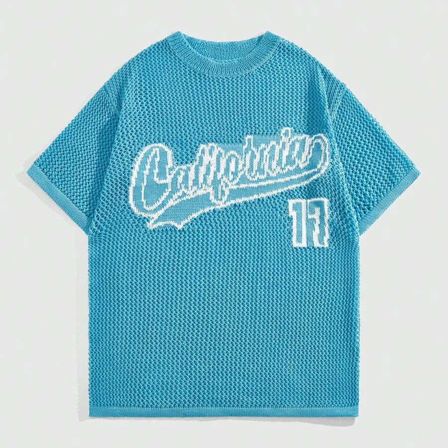 Custom Design logo Oversize Short Sleeve Summer Fashion Casual  Knitted Jersey Mesh Hollow Out Cotton Crochet Shirt Men T-shirt
