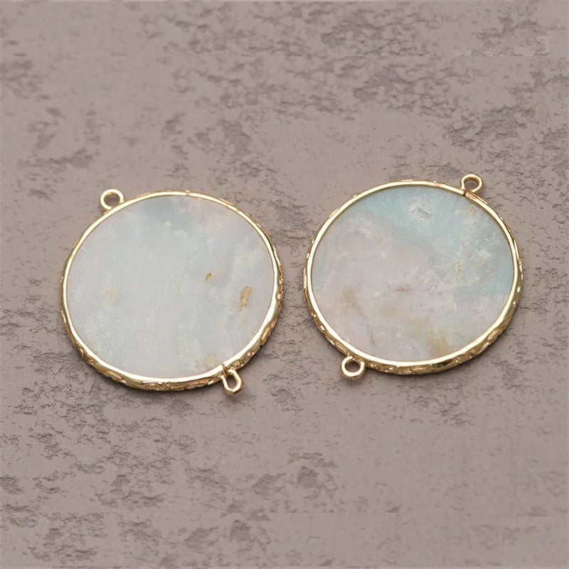 Gold Plated Flat Round Charm Natural Stone Gemstone Pendant for Necklace Earrings Making