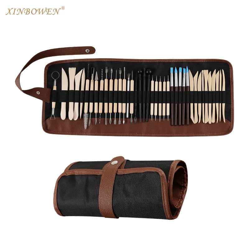 Xin Bowen 40-Piece Double-Ended Carving Tools Wooden Handle Stainless Steel Pottery Carving Set for Painting Modelling