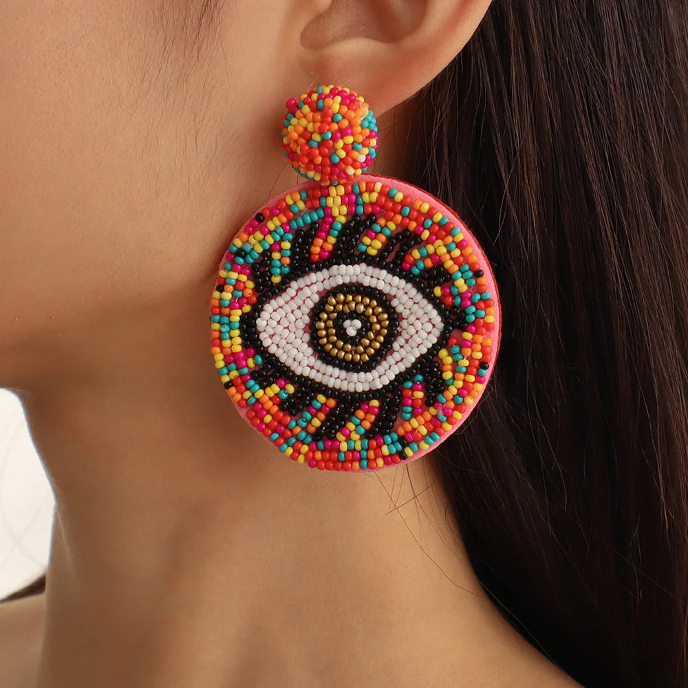 Bohemian Statement Multicolor Beaded Geometric Dangle Earrings Handmade Colorful Beads Evil Eyes Earrings