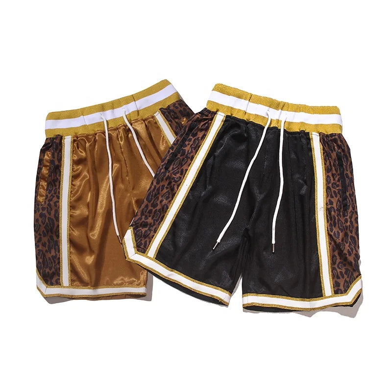 Private Label Mens 100% Polyester Athletic Shorts with Zipper Pockets Summer Satin Basketball Shorts Leopard Print Design