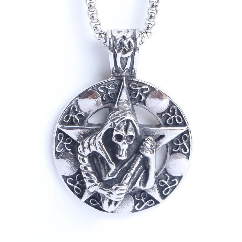 Men's Stainless Steel Punk Pentagram Skull Head Pendant Necklace Precision Cast for Vintage Hip Hop Style for Weddings