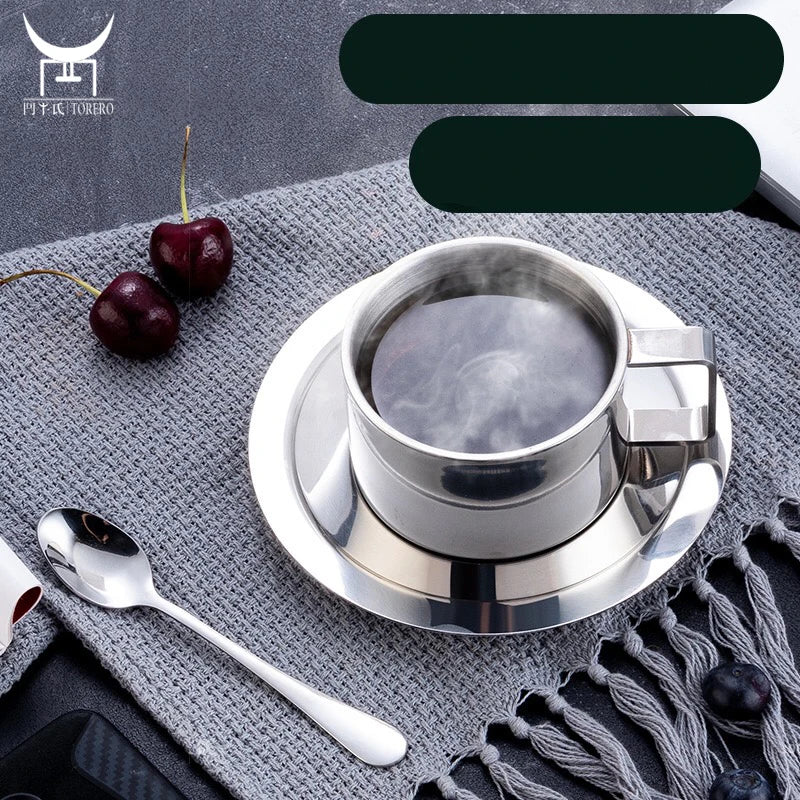 Eco Mug Set Japanese Style Water Cup with Dish and Spoon 304 Stainless Steel Double Wall Coffee Cup