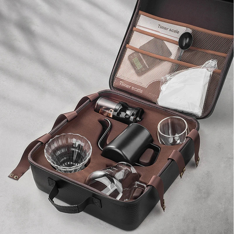 8-Piece Outdoor Travel Ceramic Manual Grinder Coffee Drip Pot Kettle Pour Over Coffee Maker Accessories Set for Gift Giving