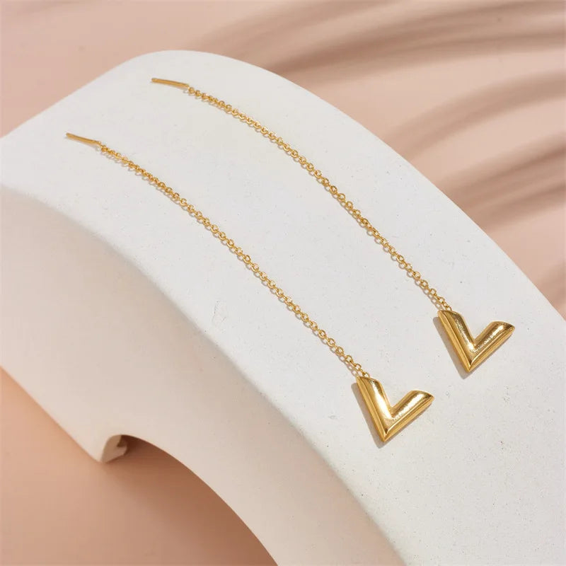 Nabest Gold Plated Letter V Charm Earrings Wire Link Women Waterproof Stainless Steel Alphabet Tassel Earing Jewelry