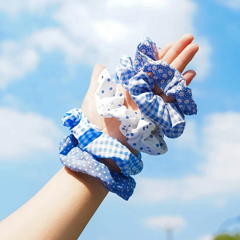 Wholesale Cute Girls Summer Floral Plaid Gingham Crunchies Hair Ties Flower Elastic Checker Hair Band Dot Blue Polka Scrunchies