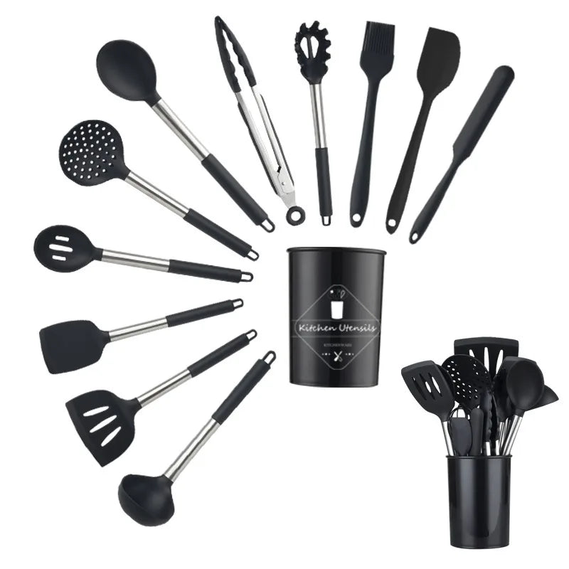 Wholesale 14-Piece Silicone Kitchen Utensil Set with Stainless Steel Handle Non-Stick Cookware Dishwasher & Oven Safe Black