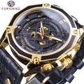 Forsining 2023 Top New Luxury Gift Design Black Golden Leather Belt Mens Automatic Sport Mechanical Skeleton Wrist Watches