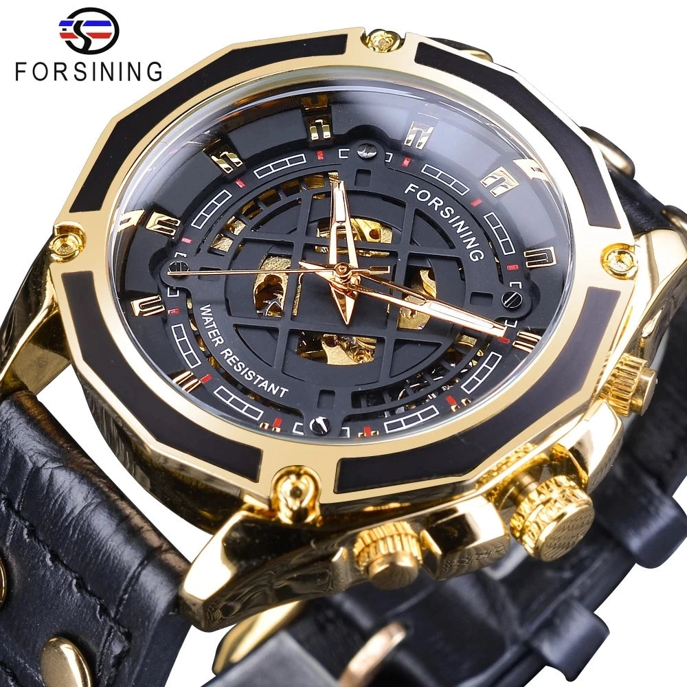 Forsining 2023 Top New Luxury Gift Design Black Golden Leather Belt Mens Automatic Sport Mechanical Skeleton Wrist Watches