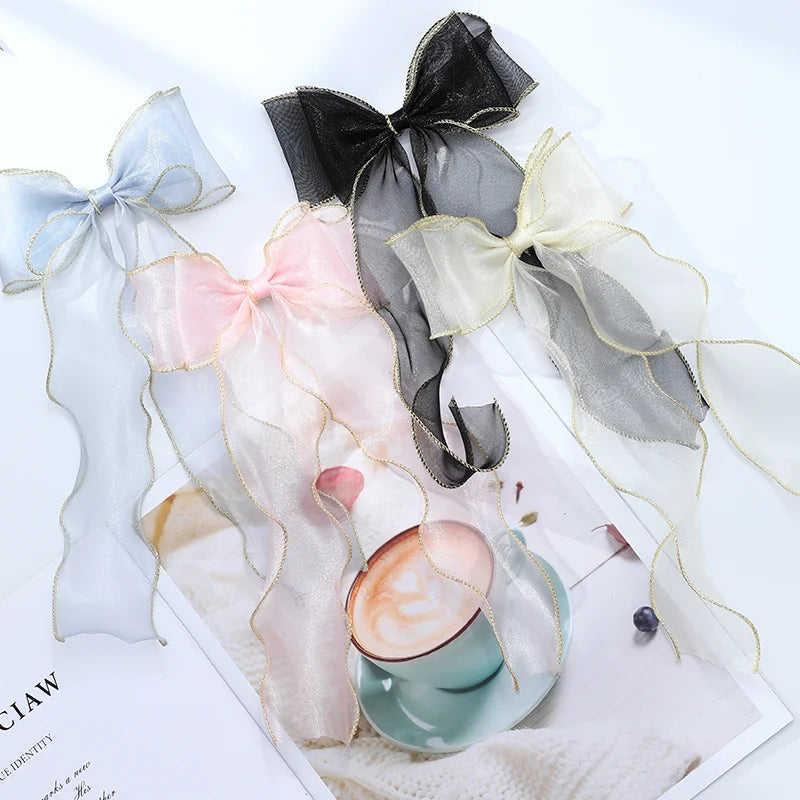 Wholesale Women's Hair Accessories Barrettes Alligator Clips Long Ribbon Tail Organza Bow Hairpins for Girls