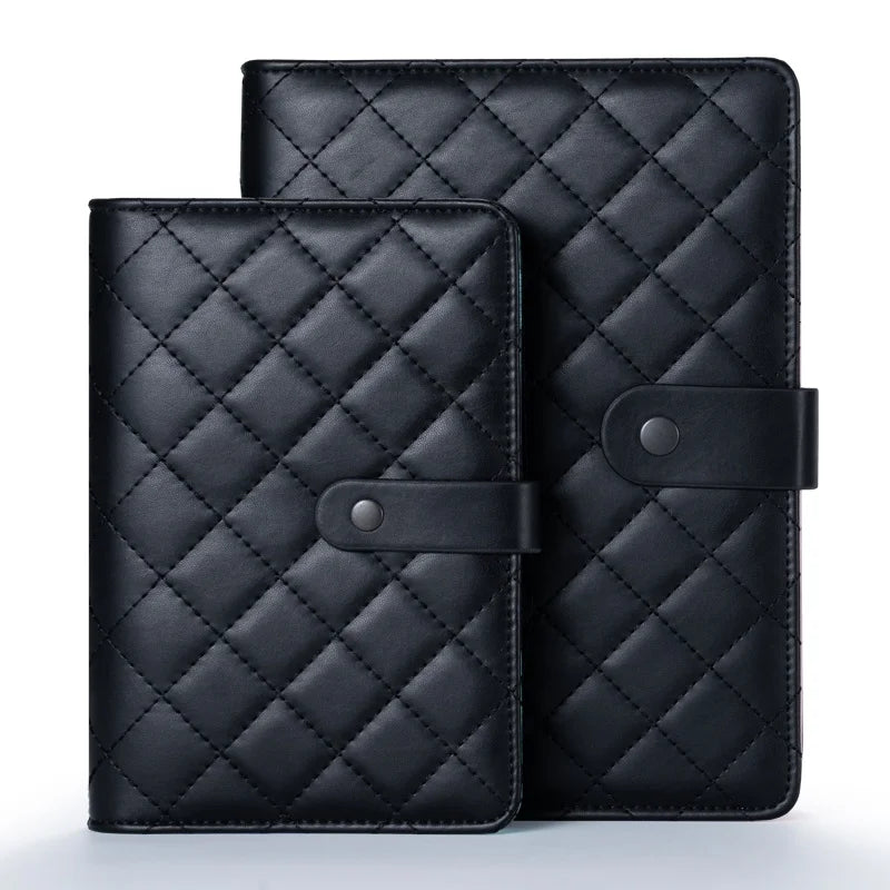 A6 A5 Black Designed Customized Ring Binder Refillable Diamond Check Leather Notebooks Quilted Journal for Women