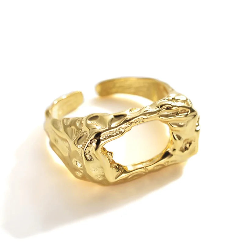 HOVANCI3 Hot Sale S925 Sterling Silver Open Ring Gold Plated Wide Irregular Hollow Lava Ring for Girls