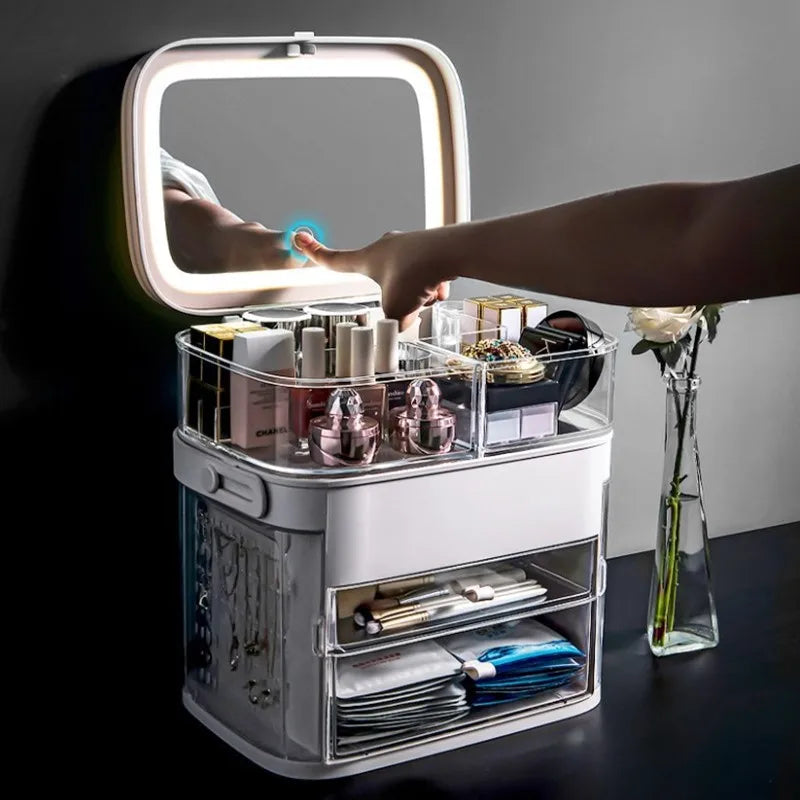 Korean Plastic Cosmetic case Led Cosmetic Mirror Storage Box Organizer with Handle