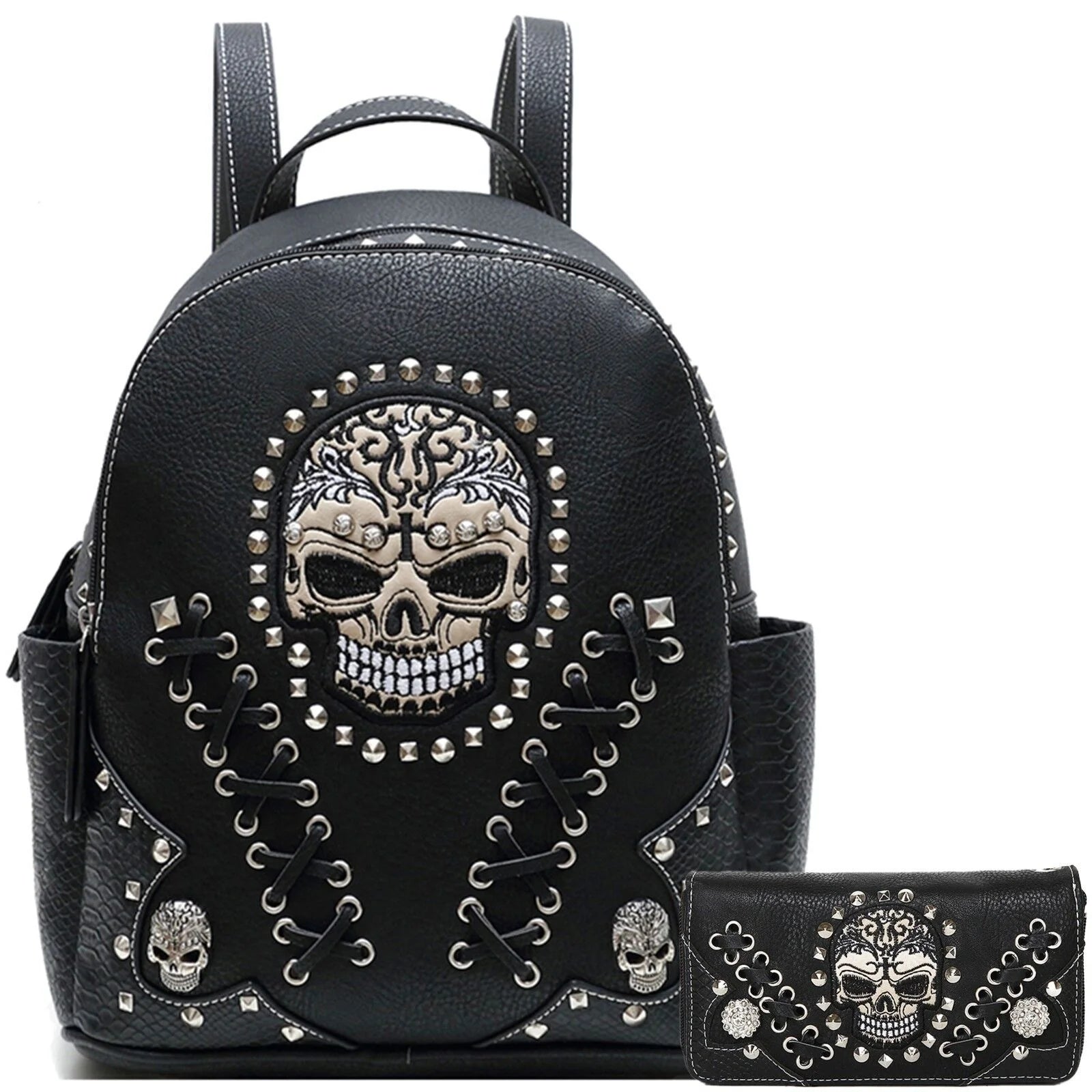 Custom Small Skull Punk Art Rivet Studded Biker Purse Women Travel Backpack Wallet Set