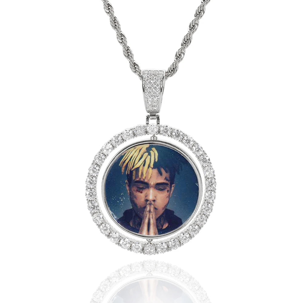 NUOYA Custom 925 Silver Moissanite Photo Pendant Double Sided Rotating Circle Iced Out Personalized Memory Picture Pendant