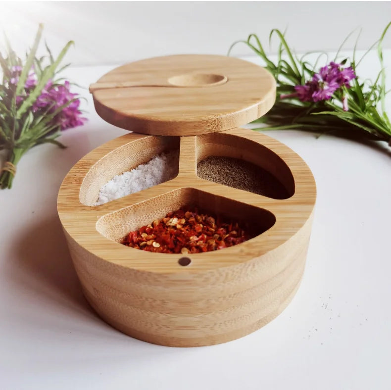 Round Bamboo 3 Frames Kitchen Seasoning Jar for Storing Salt Pepper Spice Herb