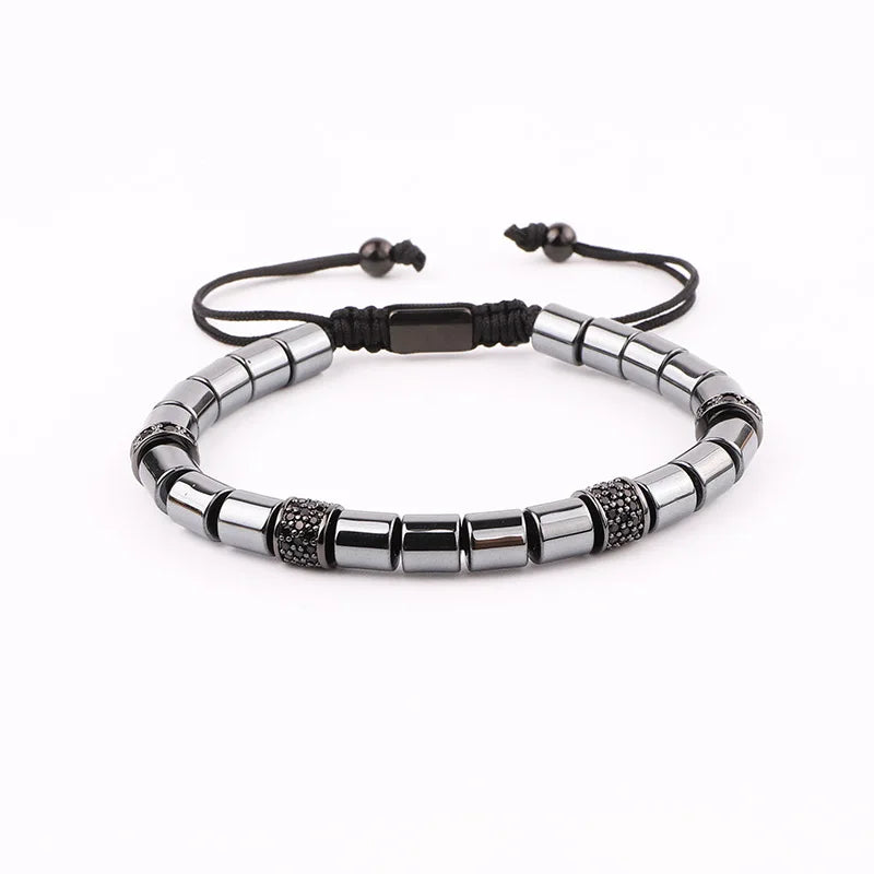 Renting Jewelry New Design Hematite Beads CZ Tube Charms Macrame Adjustable Bracelet Men