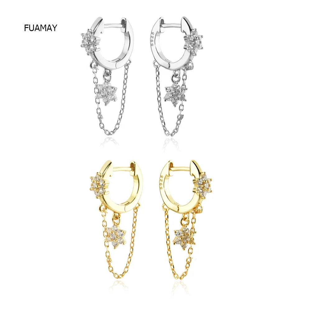 FUAMAY White Diamond Flower Hoop Earrings With Chain Boucles D'oreilles Pour Femmes 2021