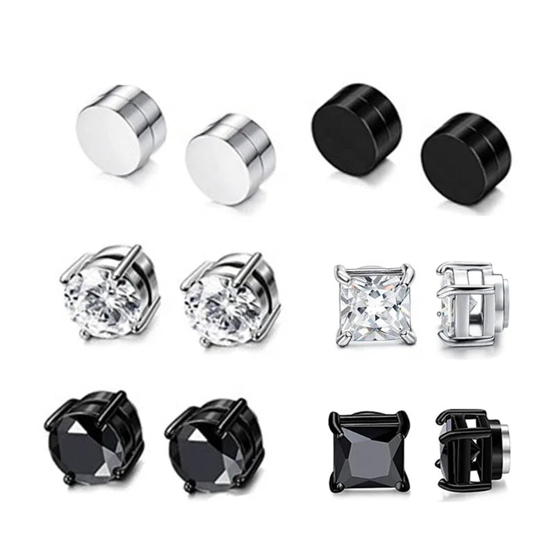 6/8MM 10 Pairs of Men's Stainless Steel Ear Clips Sets With Non Perforated Magnetic Zircon Earrings Set