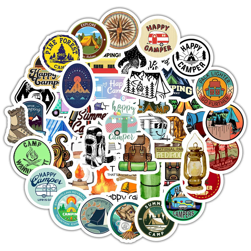 50PCS Go Camping Happy Camper PVC Stickers 3D Graffiti Laptop Skateboard Guitar Water Bollte Waterproof Label Stickers