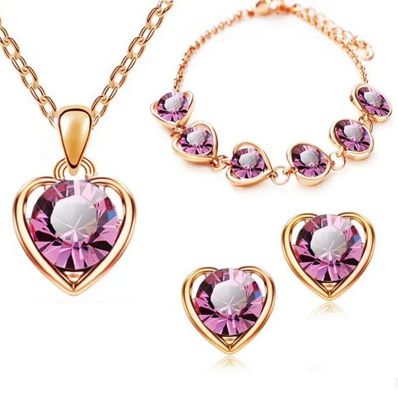 Wholesale 3PCS/Sets Crystal Love Heart Pendant Necklaces Bracelet Earrings Jewelry Set