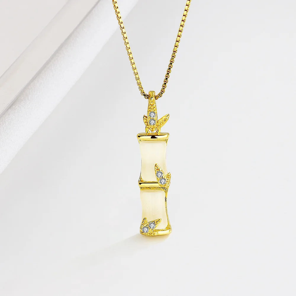 Luxury Gold Plated S925 Sterling Silver Bamboo Pendant Necklace Sparkling Cz Crystal S925 Silver Bamboo Necklace for Party