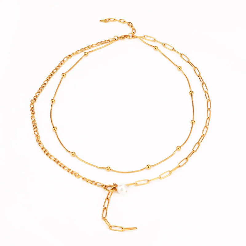 Women's Multilayer Choker Necklace Natural Pearls Pendant Gold Color Stainless Steel Chains Fashionable Party Jewelry