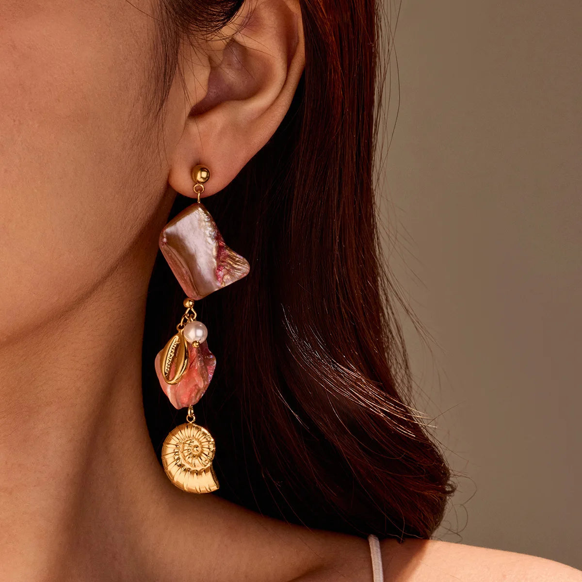 Summer Bohemia Pink Shell Conch Pendant Drop Earrings Stainless Steel Fashion Earrings Jewelry