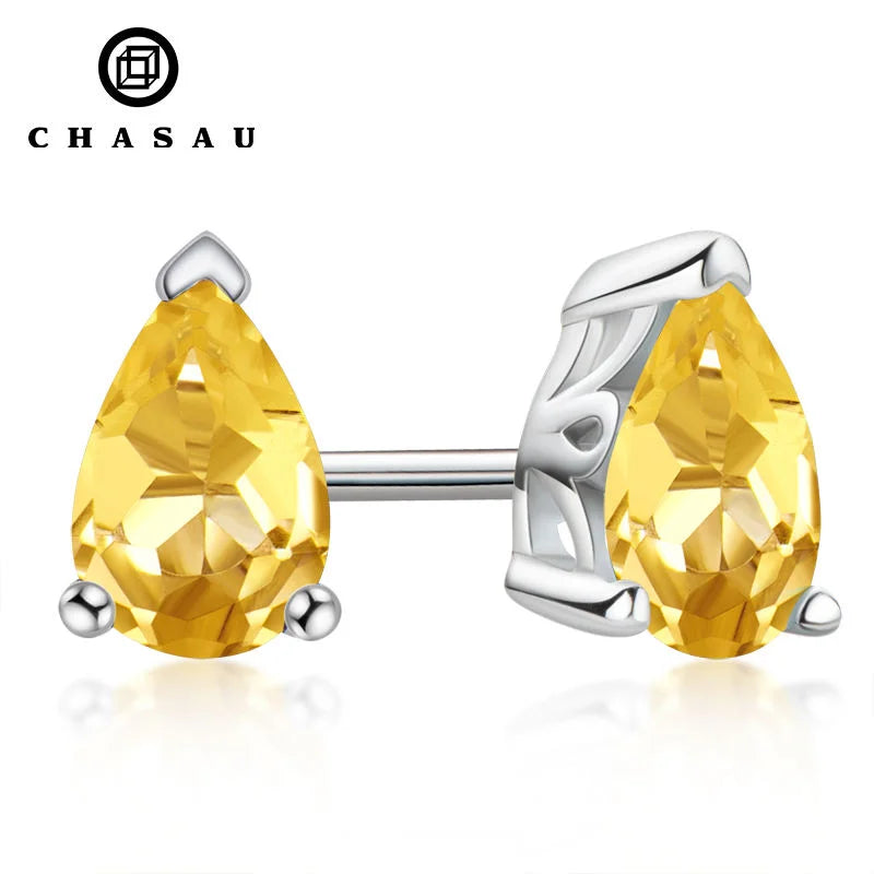 Colorful Jewelry 925 Sterling Silver Pear Cut Natural Gemstone Citrine Classic Stud Earrings for Women