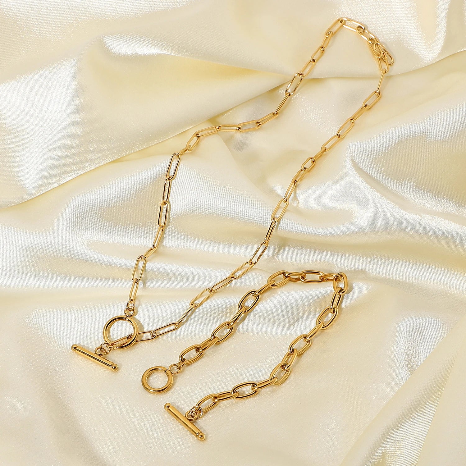 Rectangle Link Chain Necklace Gifts Gold Plated Stainless Steel OT Botton Choker Bracelet Necklace Set