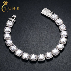Fashion Hip Hop Jewelry 10mm Gold Plated Brass AAAAA Cushion Cut CZ Diamond Iced Out Square Tennis Bracelet for Men