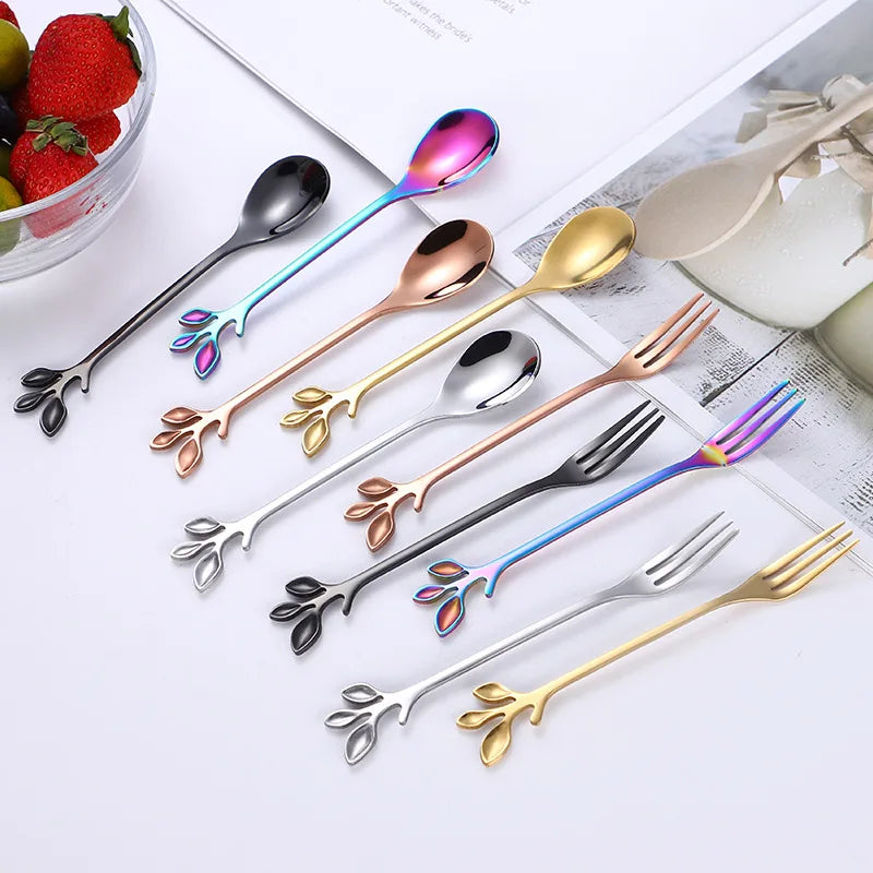 Wholesale Eco-Friendly Stainless Steel Leaf Shape Coffee Stirring Spoon Four Sizes Metal Dessert Spoon Party Tableware
