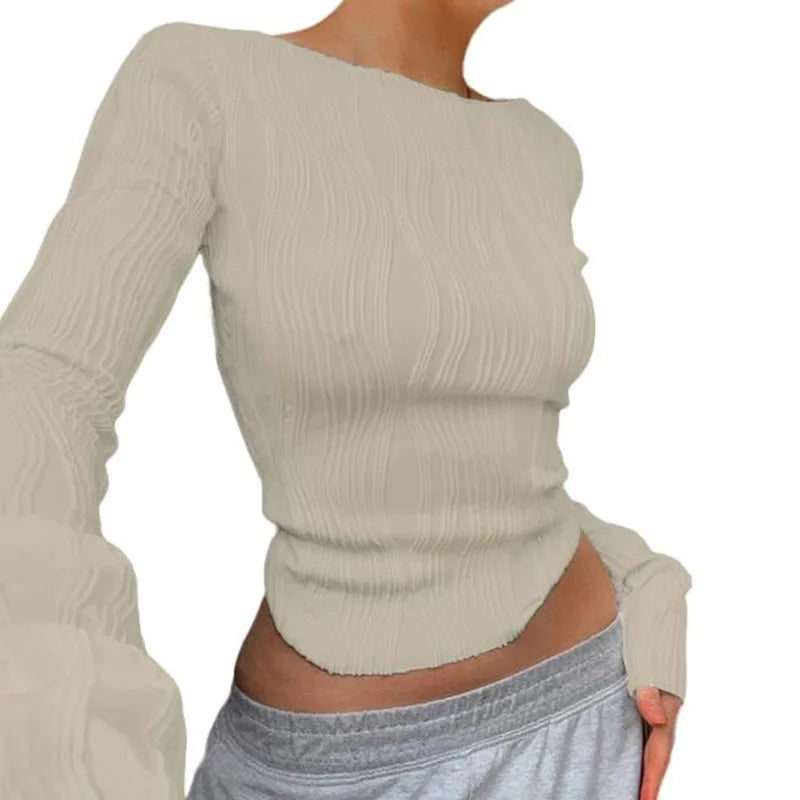 2023 Spring Ruched Long Sleeve Elegant White Tops for Women T-Shirts Tees Cropped Basic Skinny Streetwear Ladies T Shirts