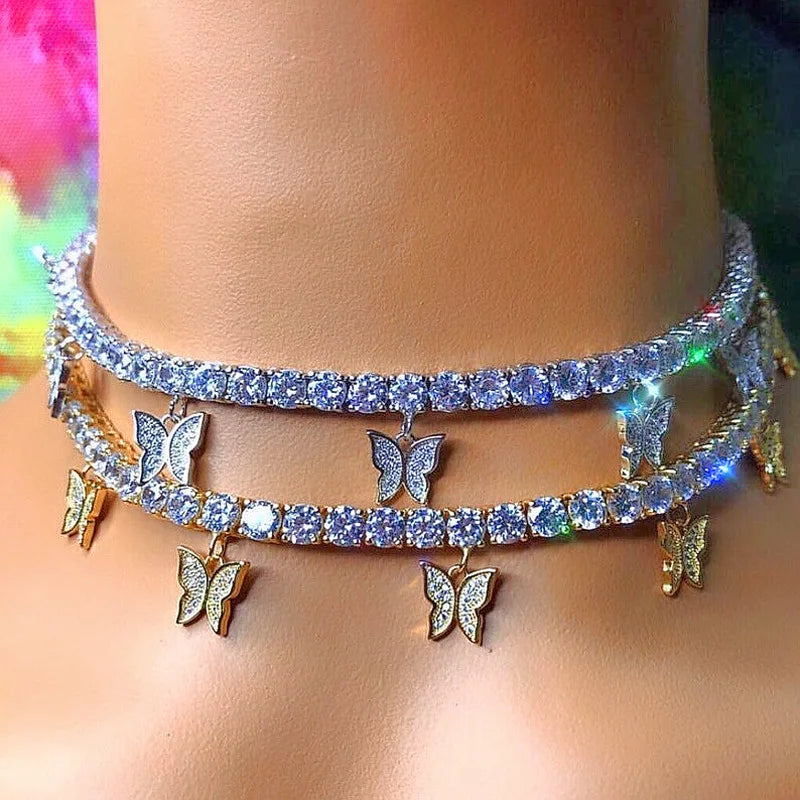 G1722 Wholesale Hip Hop Rhinestone Choker Necklaces Jewelry Women Butterfly Tennis Chain Necklace