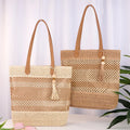 Fashionable Women's Large Capacity Beach Straw Woven Tote Bag Zip Closure Tassel Portable Handbag for Summer Autumn Spring