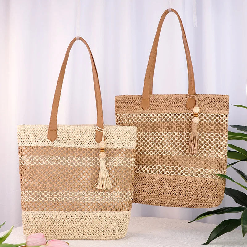 Fashionable Women's Large Capacity Beach Straw Woven Tote Bag Zip Closure Tassel Portable Handbag for Summer Autumn Spring