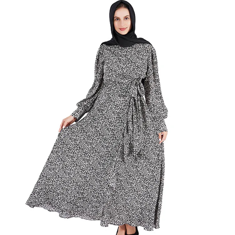 Women Boho Floral Print Muslim Long Dress Ruffle Hem Dress Womens Long Robe Abaya Women Muslim Dress Islamic Clothing