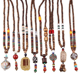 Unisex Tasbih Ethnic Mala Wooden Beaded Chain Bodhi Red Agate Pendant Bohemian Necklace