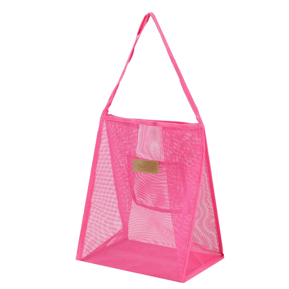 Wholesale Mesh Tote Bag with Embossed PU Logo Large Mesh Beach Bag Promotional Gift Custom Mesh Shopping Grocery Bag