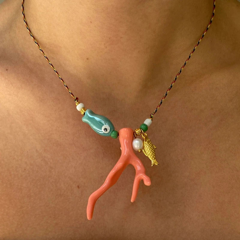 Quality Stainless Steel Hand-woven Necklace Vintage Acrylic Simulation Coral Ceramic Fish Pendant Necklace Gifts for Women