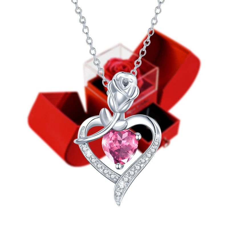 Christmas Valentines Day Gift Preserved Rose Luxury Heart Necklaces Soap Rose Flower Box Alloy Silver Necklaces Gift for Women