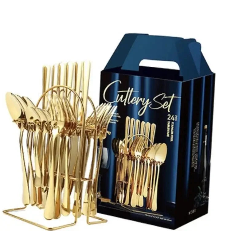 Stainless Steel Knife Fork Spoon Set 24pcs Gold Rose Gold Flatware Silverware Cutlery Set With Stand
